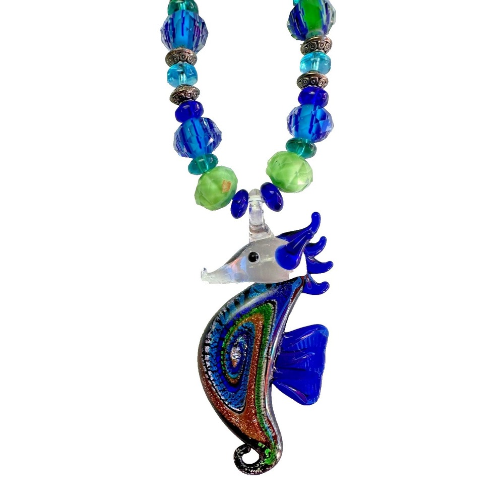 Art Glass Seahorse Pendant Necklace Blue Multicolor Beaded Coastal Statement